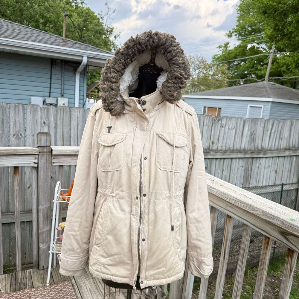 Y2K Aeropostale Faux Fur Hood Utility Jacket Beige Sherpa Lined Winter Coat